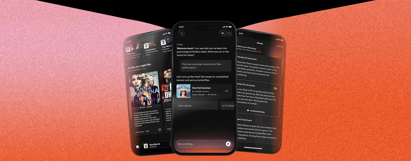 Three phones showing Genie: a recommendations rail, a chat conversation, and a recap list